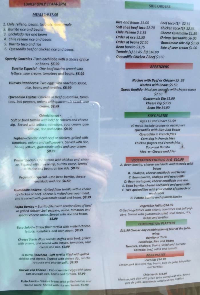 Page 1 of menu, La Reyna de Mexico Geneva, NY