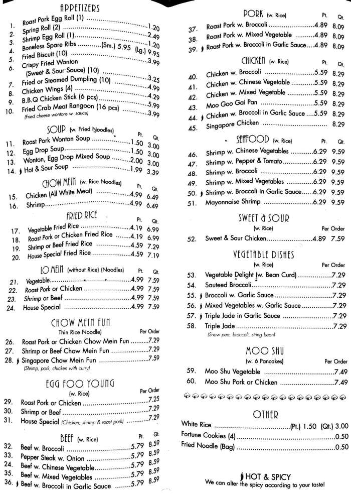 Page 1 of menu, Ling Ling Chinese in Geneva, NY
