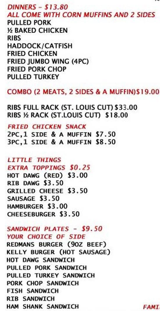 Page 1 of menu, Redman's Chicken & Ribs Geneva, NY