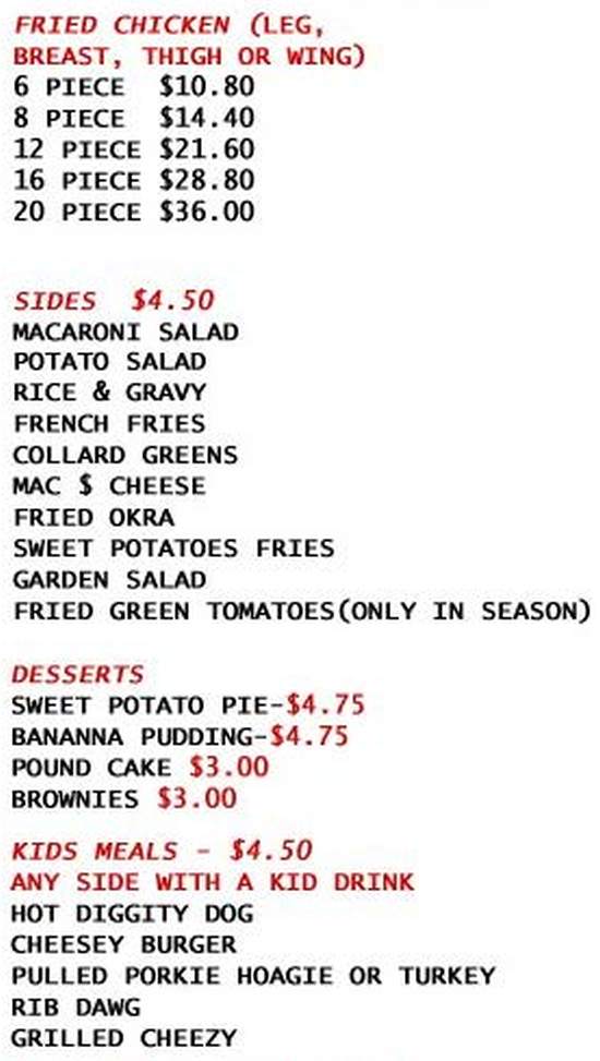 Page 2 of menu, Redman's Chicken & Ribs Geneva, NY