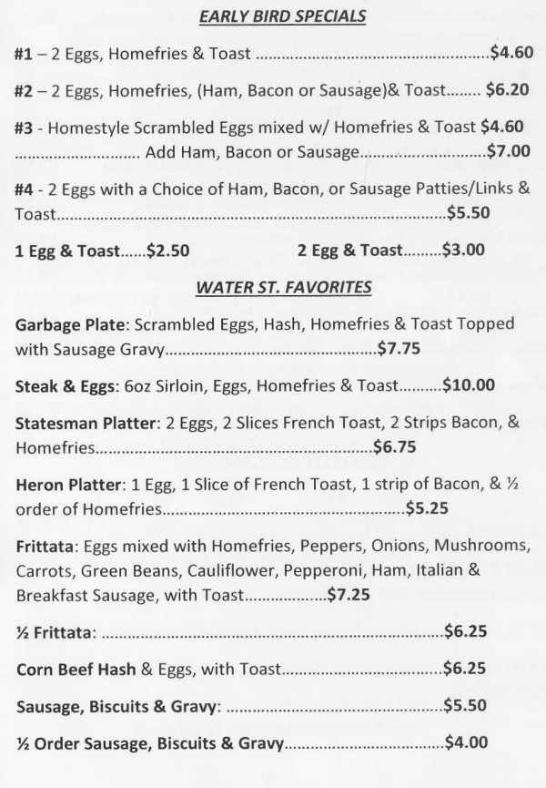 Page 1 of menu, Water St Cafe Geneva, NY